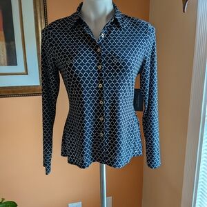 Tommy Hilfiger Navy and White Geometric Button-Up BlouseSize XS